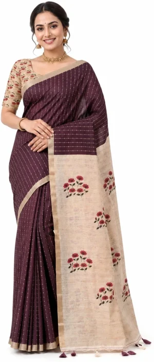 NilaElegance Brown Striped Cotton Linen Saree for Women
